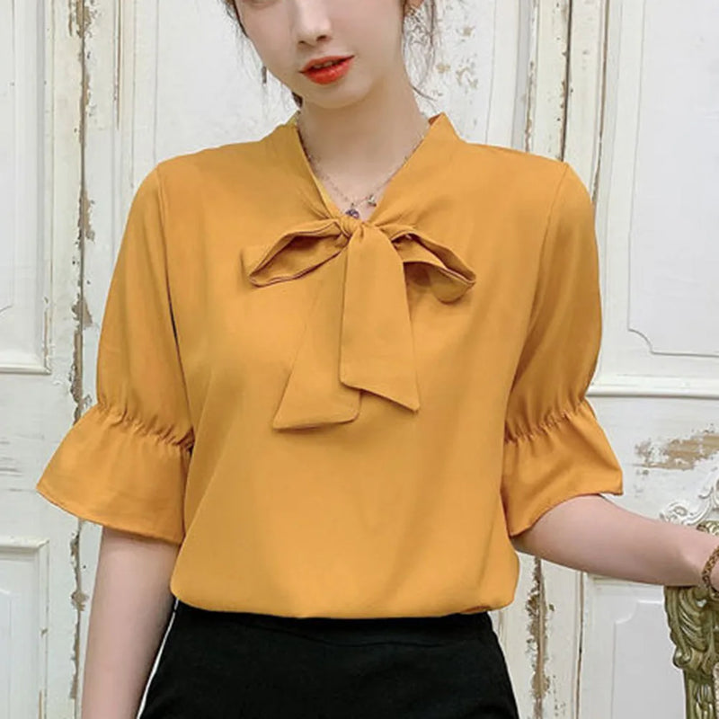 Moda gola arco damasco chiffon blusa camisa feminina